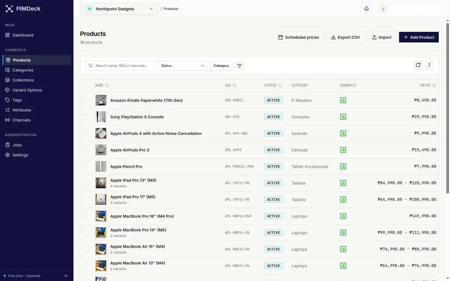 PIMDeck product list: phones, laptops, tablets and accessories with SKU, status, category, Shopify sync status and price