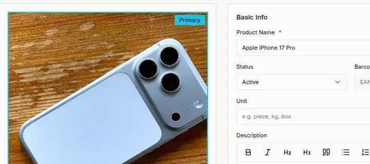 Product editor for Apple iPhone 17 Pro: photos, name, SKU, status, description and Shopify sync status