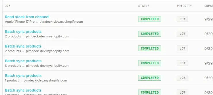 Job history for a Shopify connection: completed product and batch syncs